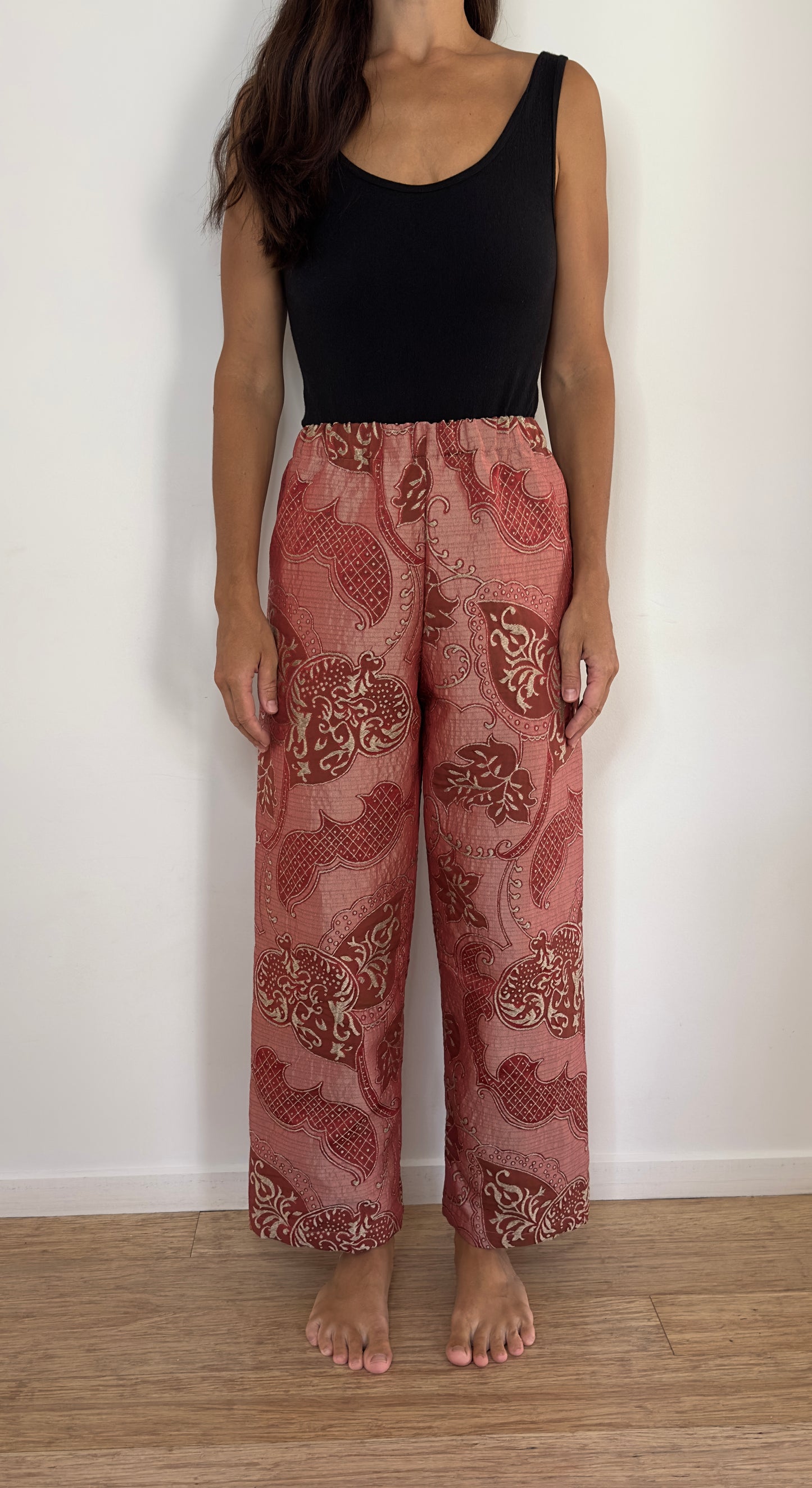 The imperial Red Brocade Kimono Pants