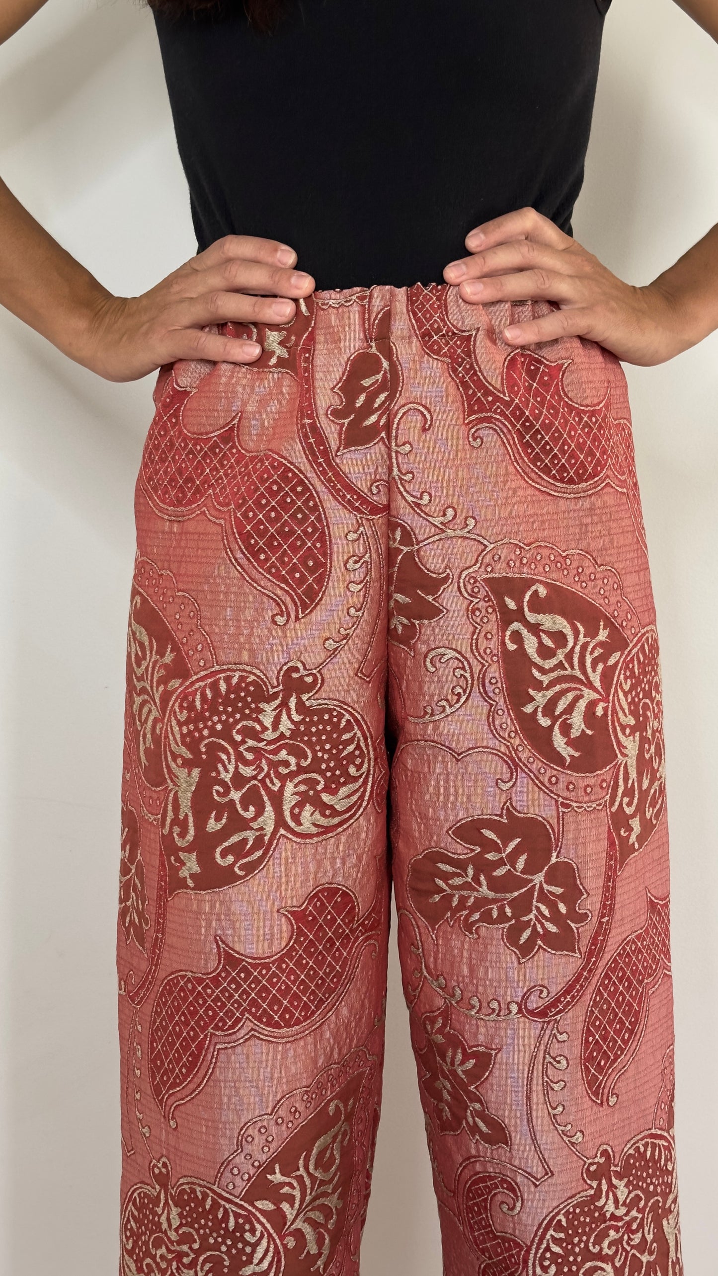 The imperial Red Brocade Kimono Pants